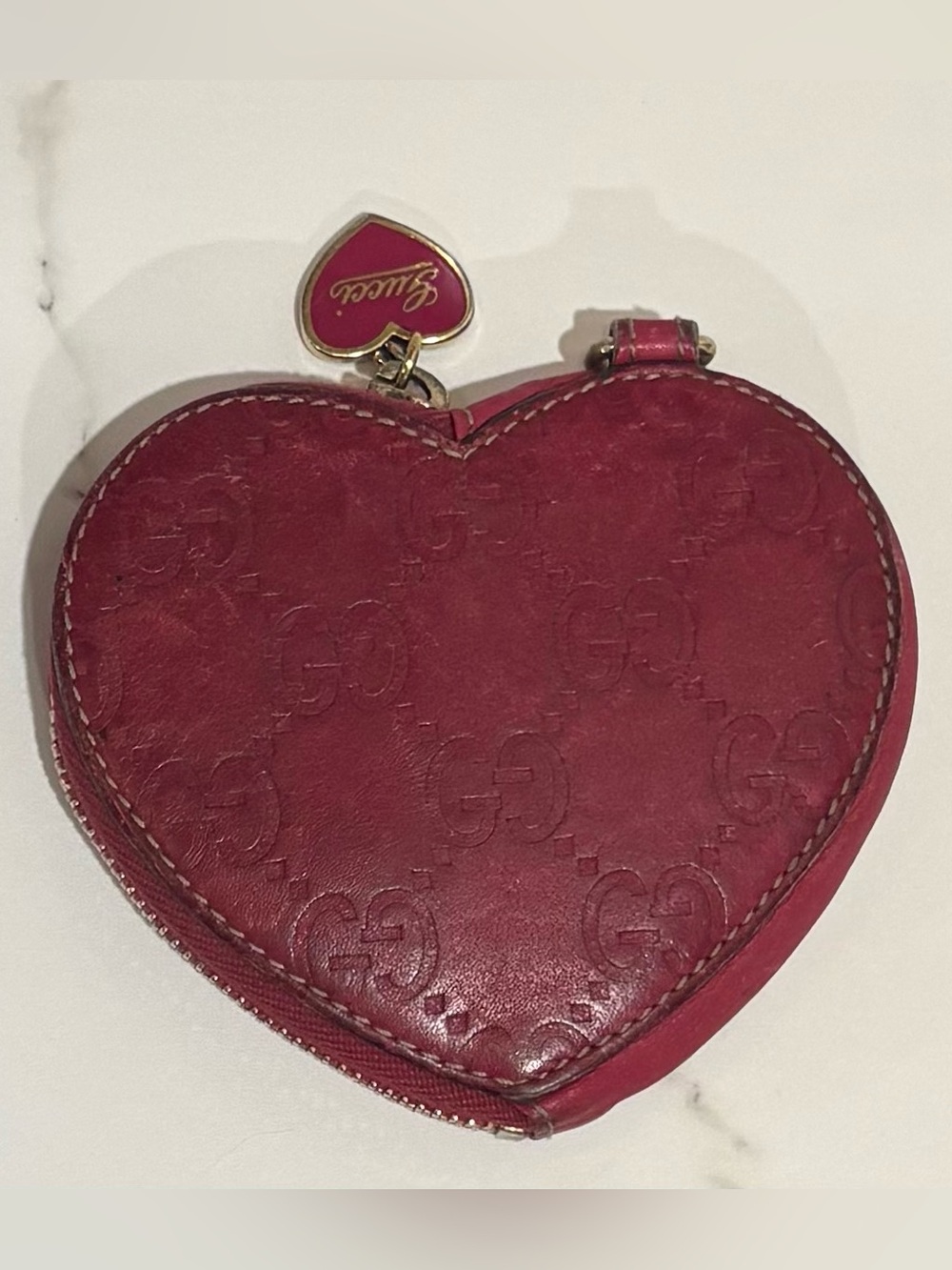 Gucci Red Heart-Shaped Guccissima GG Embossed Coin Case with Gold heart Charm